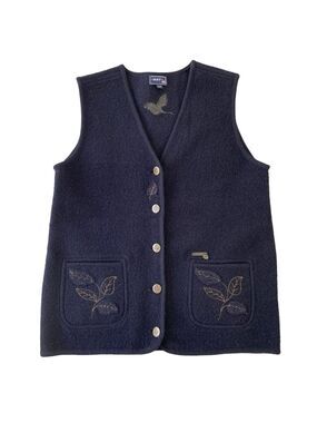 MAT button up vest 100% wool navy blue gold sleeveless pockets leafs applique S
